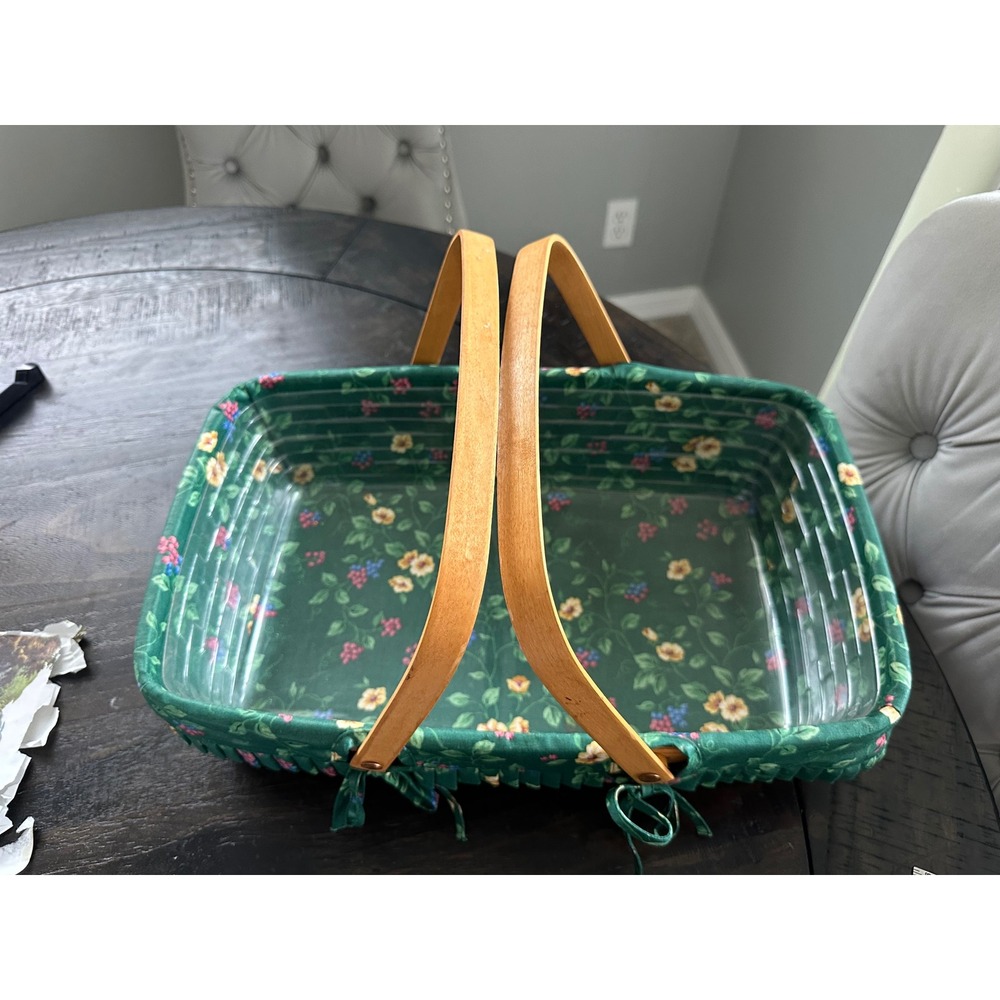 Longaberger 1993 Handwoven Basket Green Floral Liner Plastic Insert Dual Handles